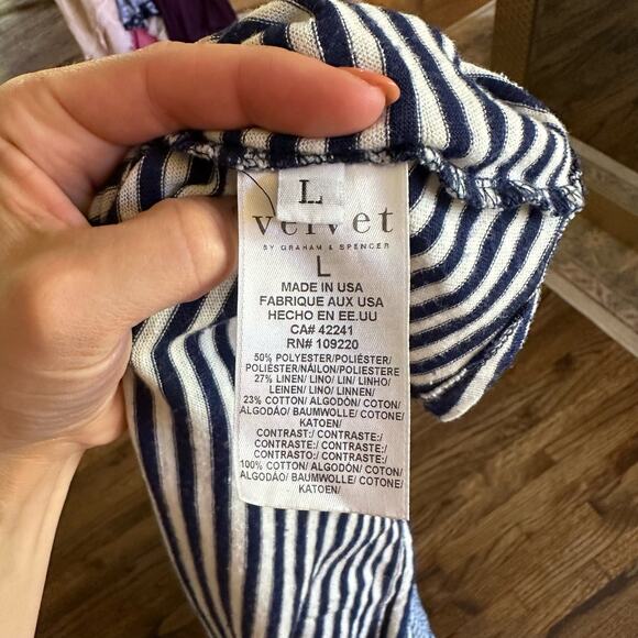 Velvet by Graham & Spencer Linen Blend Striped Twist Front Dress Navy White - Picture 8 of 9